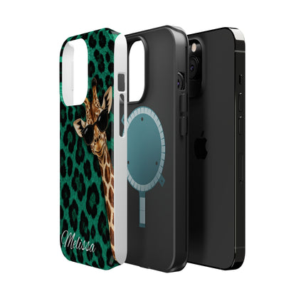 Personalized Giraffe Phone Case — Green Leopard Print Magnetic Impact-Resistant