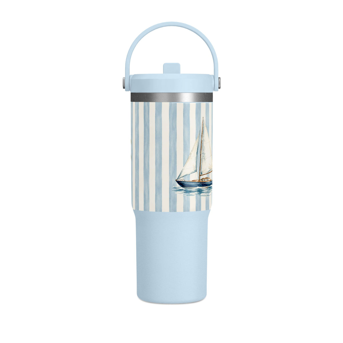 32oz Nautical Nomad Tumbler — Personalized Striped Travel Cup with Palm & Sailboat Design