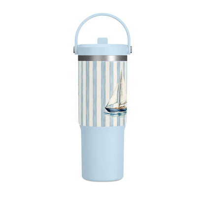 32oz Nautical Nomad Tumbler — Personalized Striped Travel Cup with Palm & Sailboat Design
