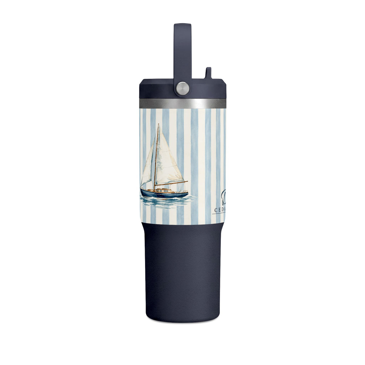 32oz Nautical Nomad Tumbler — Personalized Striped Travel Cup with Palm & Sailboat Design