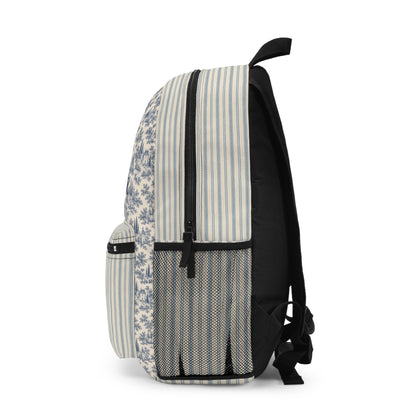 Vintage Toile & Stripe Backpack — Personalized Name Script