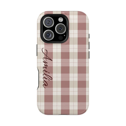 Plaid Personalized Phone Case — Magnetic Impact-Resistant, Name Customizable