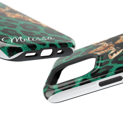 Personalized Giraffe Phone Case — Green Leopard Print Magnetic Impact-Resistant