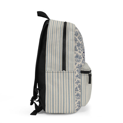Vintage Toile & Stripe Backpack — Personalized Name Script