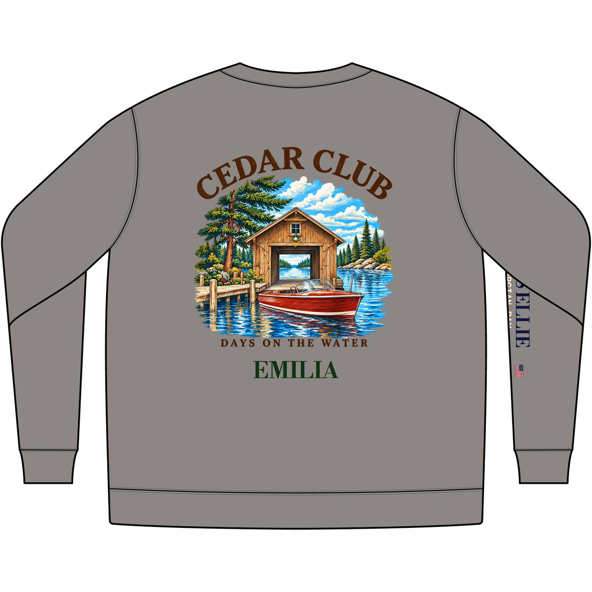 Cedar Club Crewneck Sweatshirt — Vintage Lakeboat Cabin Graphic