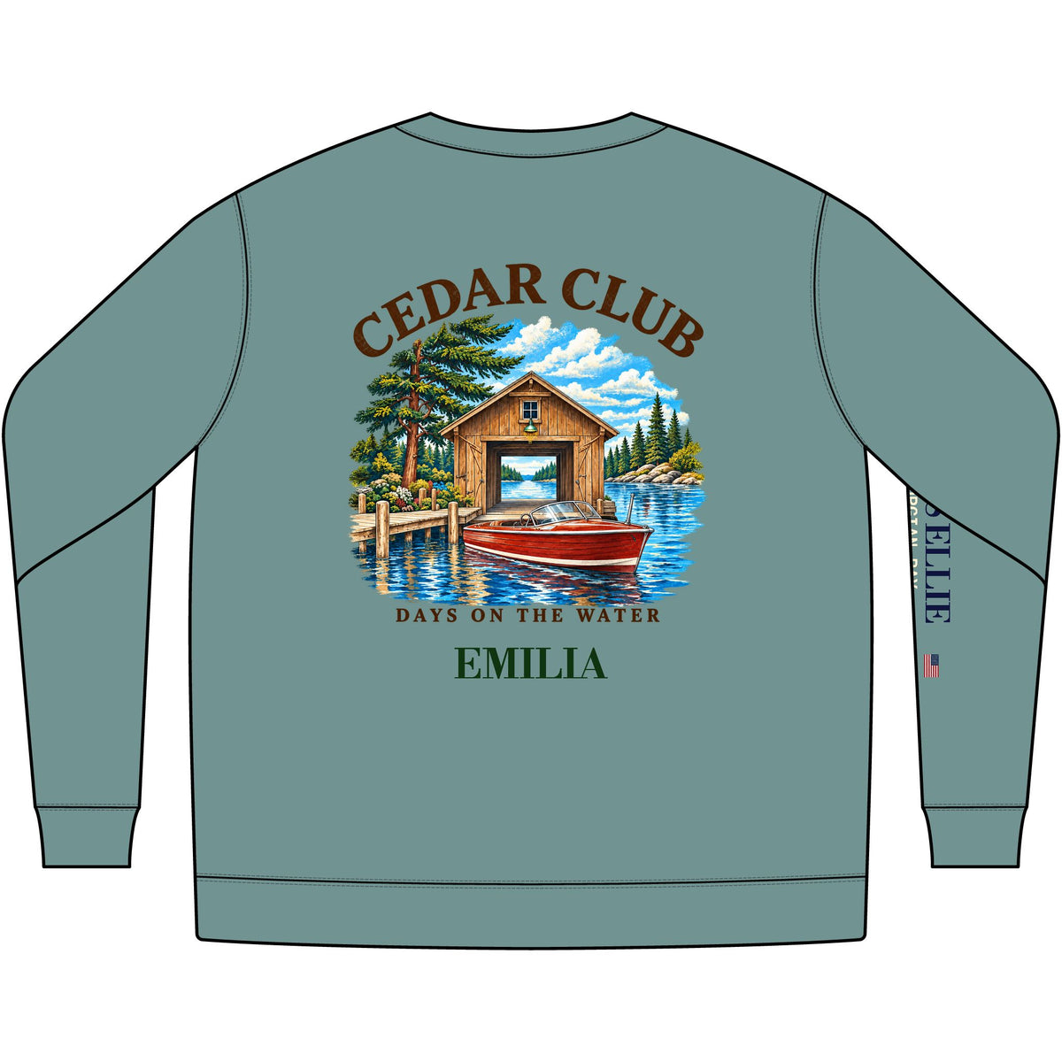 Cedar Club Crewneck Sweatshirt — Vintage Lakeboat Cabin Graphic