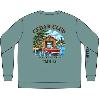 Cedar Club Crewneck Sweatshirt — Vintage Lakeboat Cabin Graphic