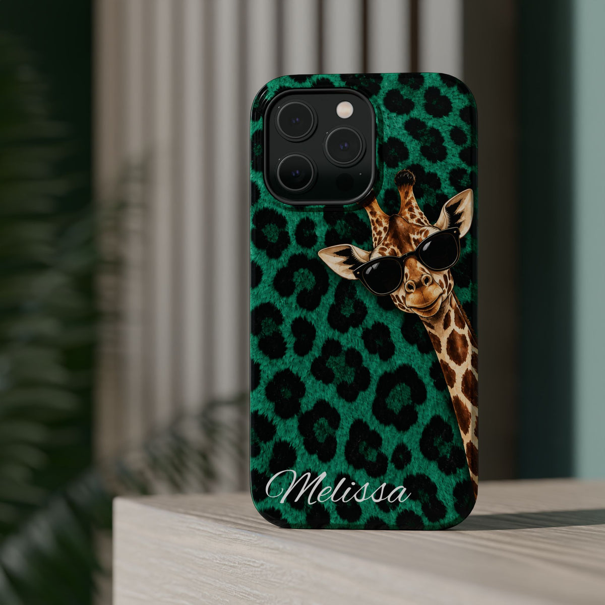 Personalized Giraffe Phone Case — Green Leopard Print Magnetic Impact-Resistant