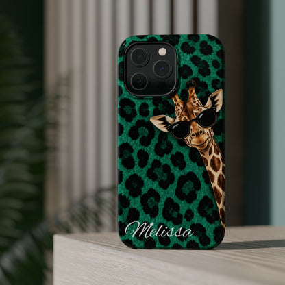 Personalized Giraffe Phone Case — Green Leopard Print Magnetic Impact-Resistant
