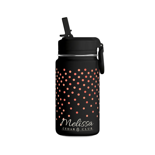 14oz Mini Water Bottle — Black with Coral Polka Dot Design, Kids & Travel Hydration Bottle