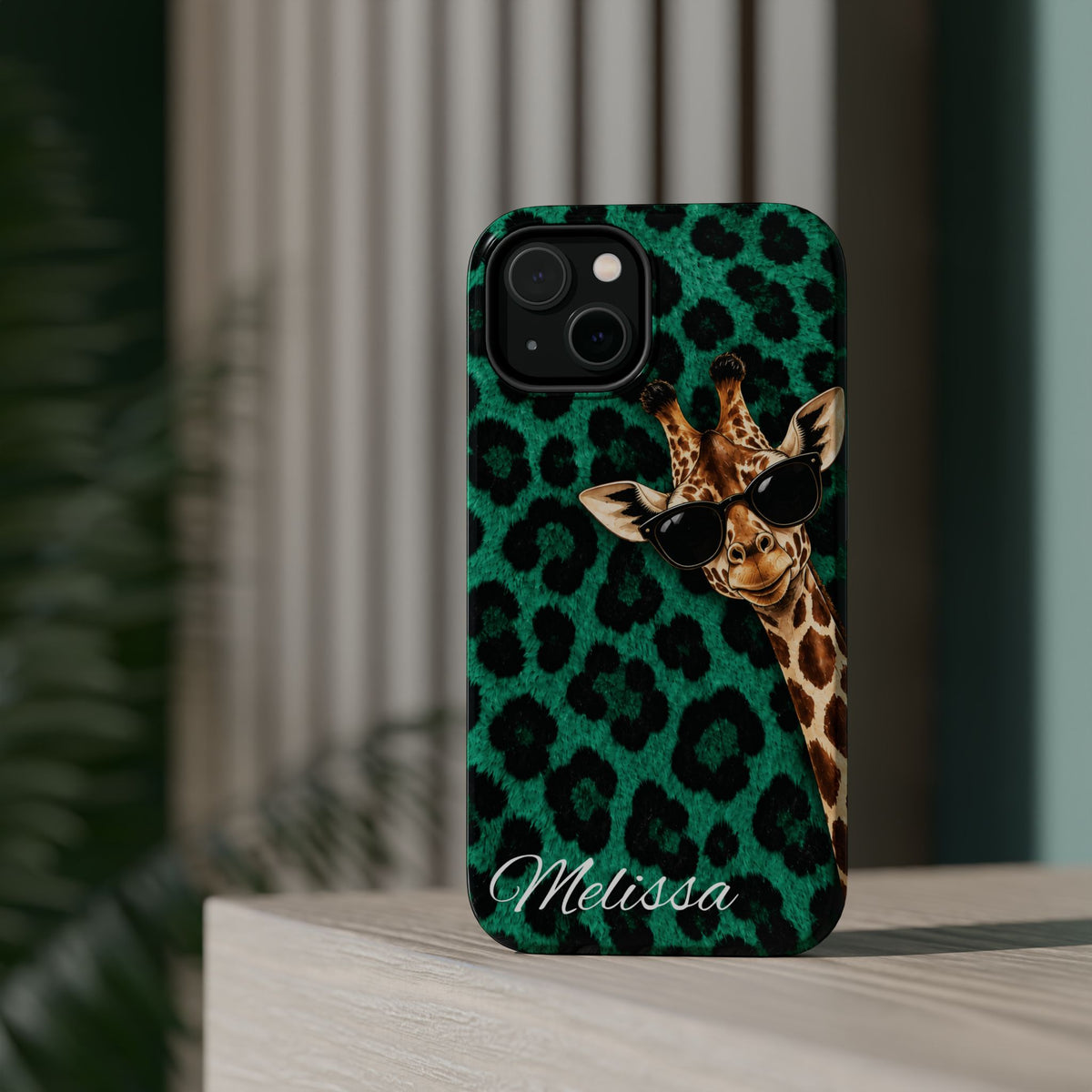 Personalized Giraffe Phone Case — Green Leopard Print Magnetic Impact-Resistant