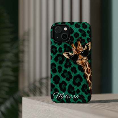 Personalized Giraffe Phone Case — Green Leopard Print Magnetic Impact-Resistant