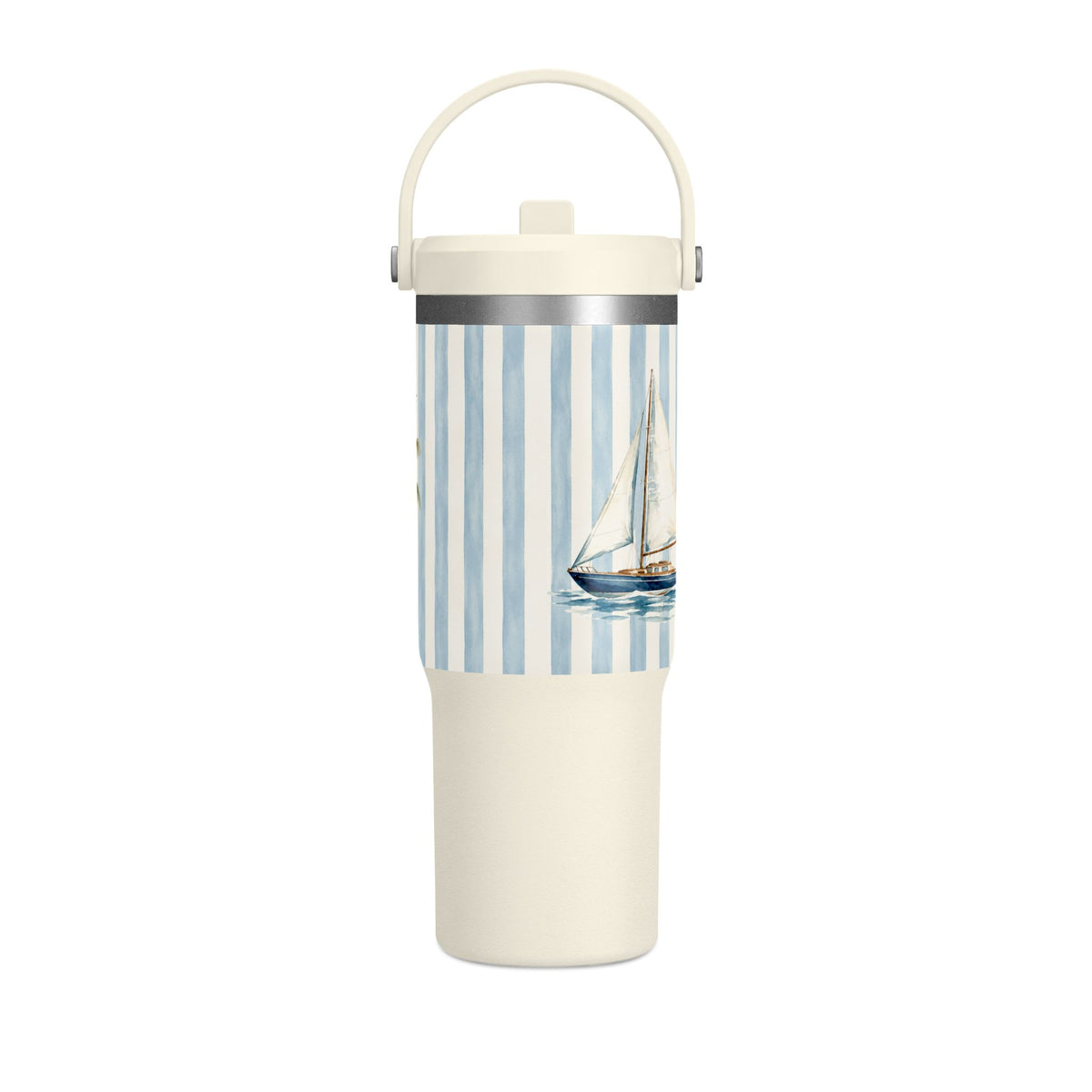 32oz Nautical Nomad Tumbler — Personalized Striped Travel Cup with Palm & Sailboat Design