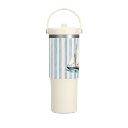 32oz Nautical Nomad Tumbler — Personalized Striped Travel Cup with Palm & Sailboat Design