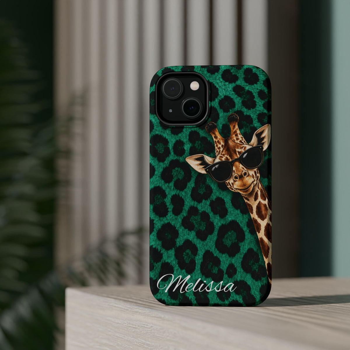 Personalized Giraffe Phone Case — Green Leopard Print Magnetic Impact-Resistant