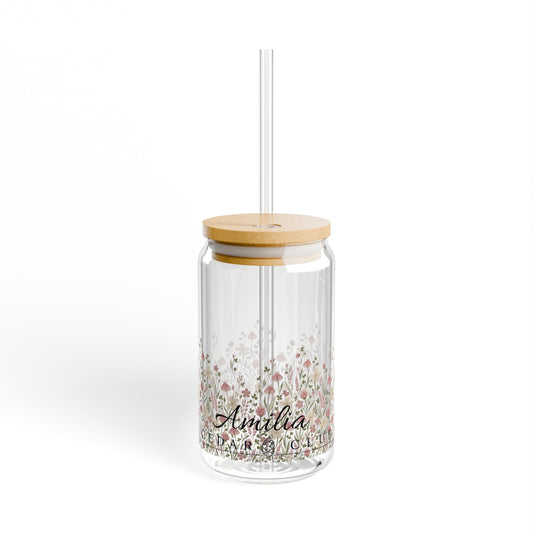 Floral Meadow Sipper Glass – 16oz Mason-Style Tumbler with Bamboo Lid & Straw