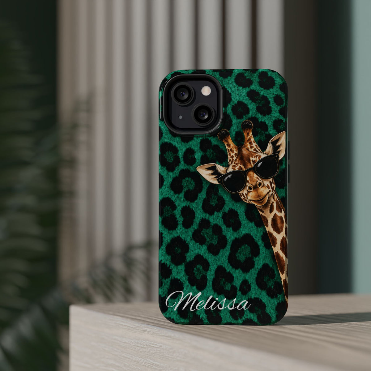 Personalized Giraffe Phone Case — Green Leopard Print Magnetic Impact-Resistant