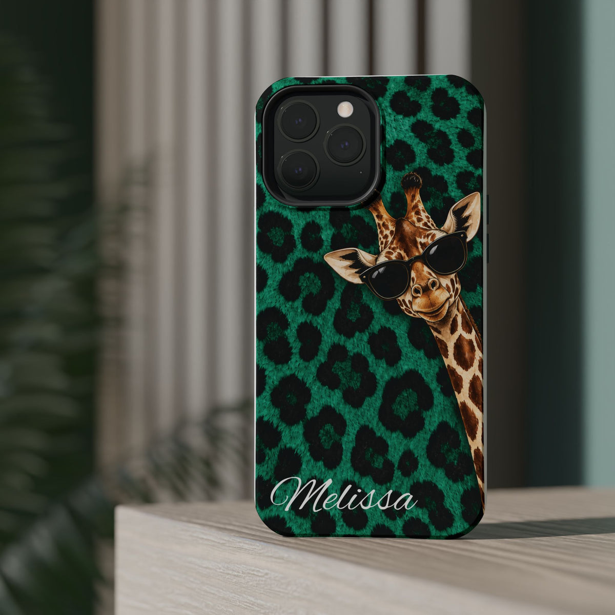 Personalized Giraffe Phone Case — Green Leopard Print Magnetic Impact-Resistant