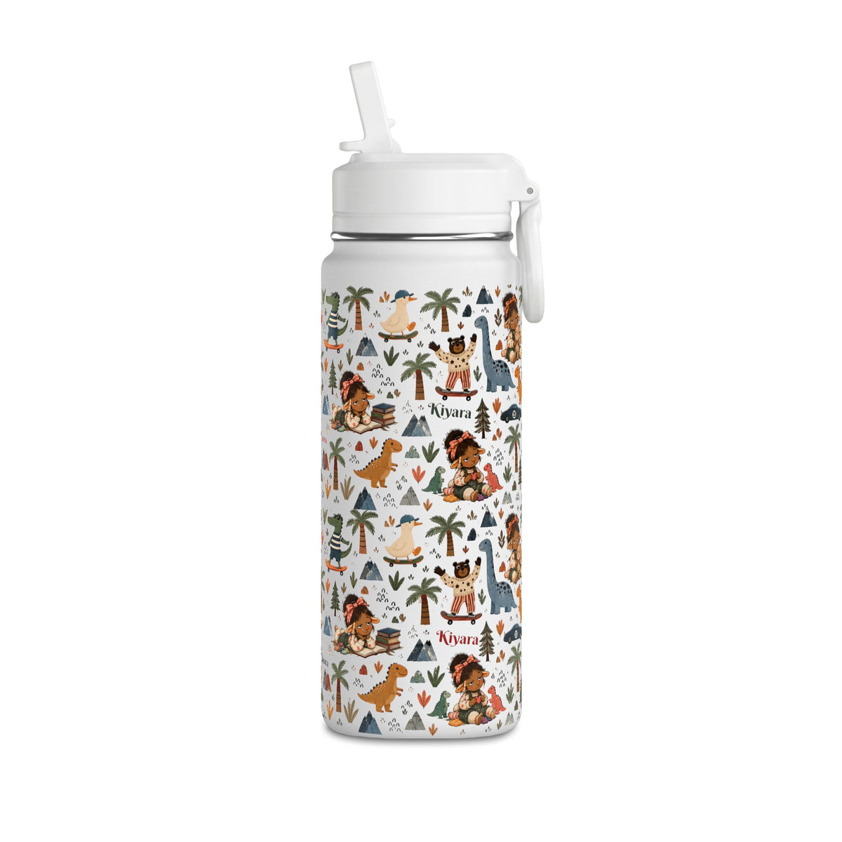 20oz Kids Dinosaur Water Bottle — Cute Dino Pattern with Name Personalization