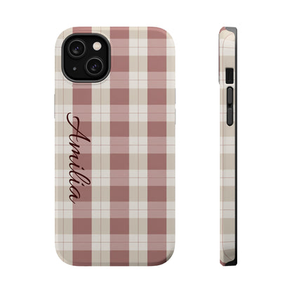 Plaid Personalized Phone Case — Magnetic Impact-Resistant, Name Customizable