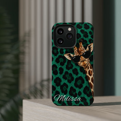 Personalized Giraffe Phone Case — Green Leopard Print Magnetic Impact-Resistant