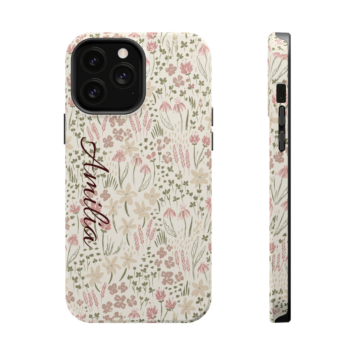 Personalized Floral Phone Case — Magnetic Impact-Resistant with Script Name