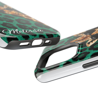 Personalized Giraffe Phone Case — Green Leopard Print Magnetic Impact-Resistant
