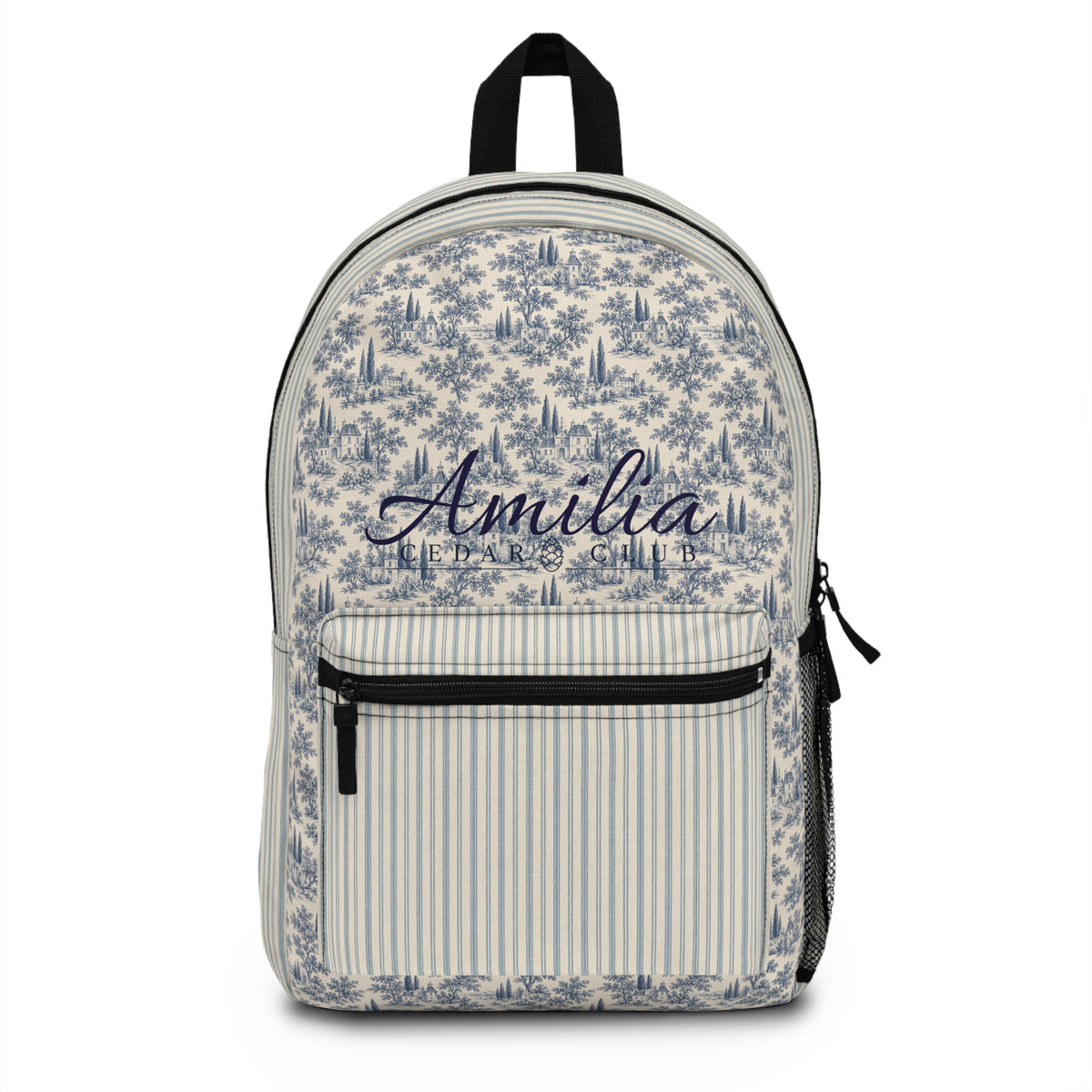 Vintage Toile & Stripe Backpack — Personalized Name Script