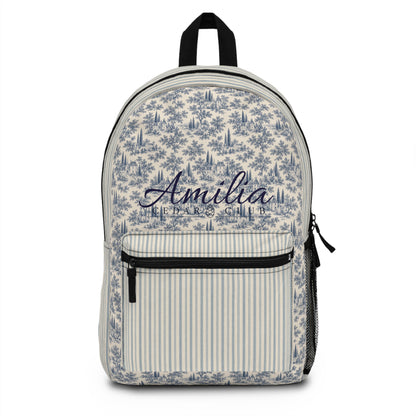 Vintage Toile & Stripe Backpack — Personalized Name Script