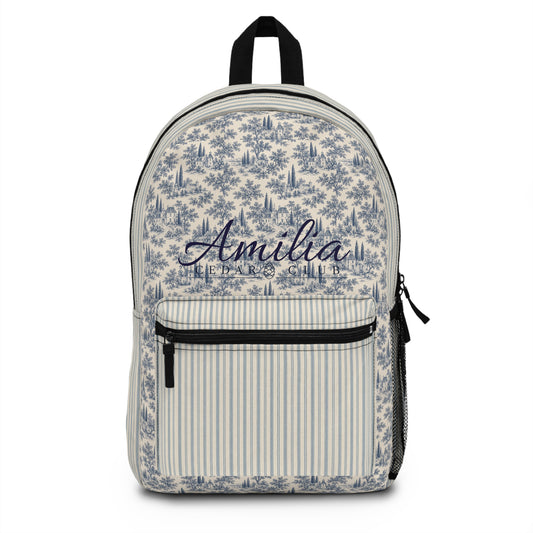 Vintage Toile & Stripe Backpack — Personalized Name Script