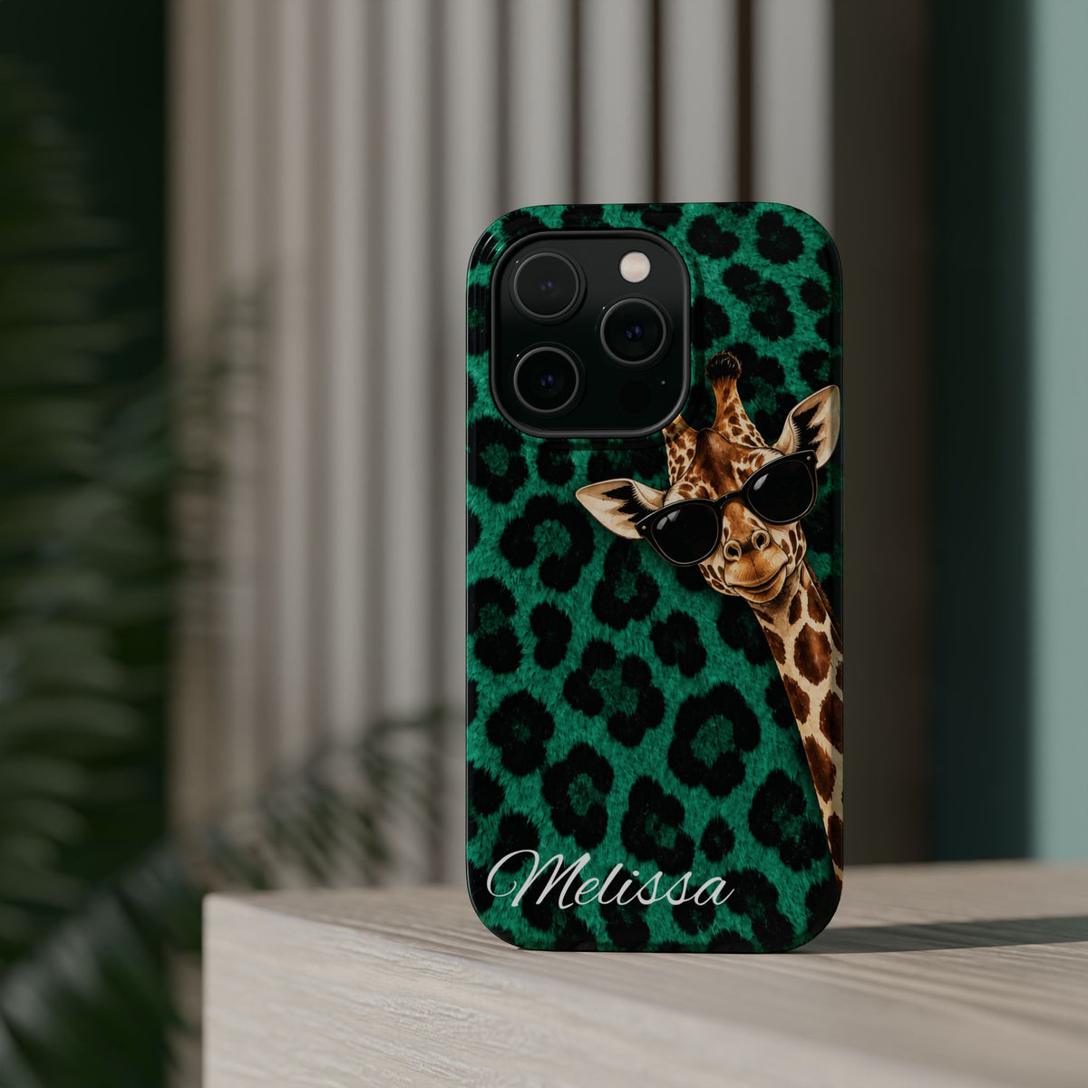 Personalized Giraffe Phone Case — Green Leopard Print Magnetic Impact-Resistant
