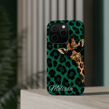 Personalized Giraffe Phone Case — Green Leopard Print Magnetic Impact-Resistant