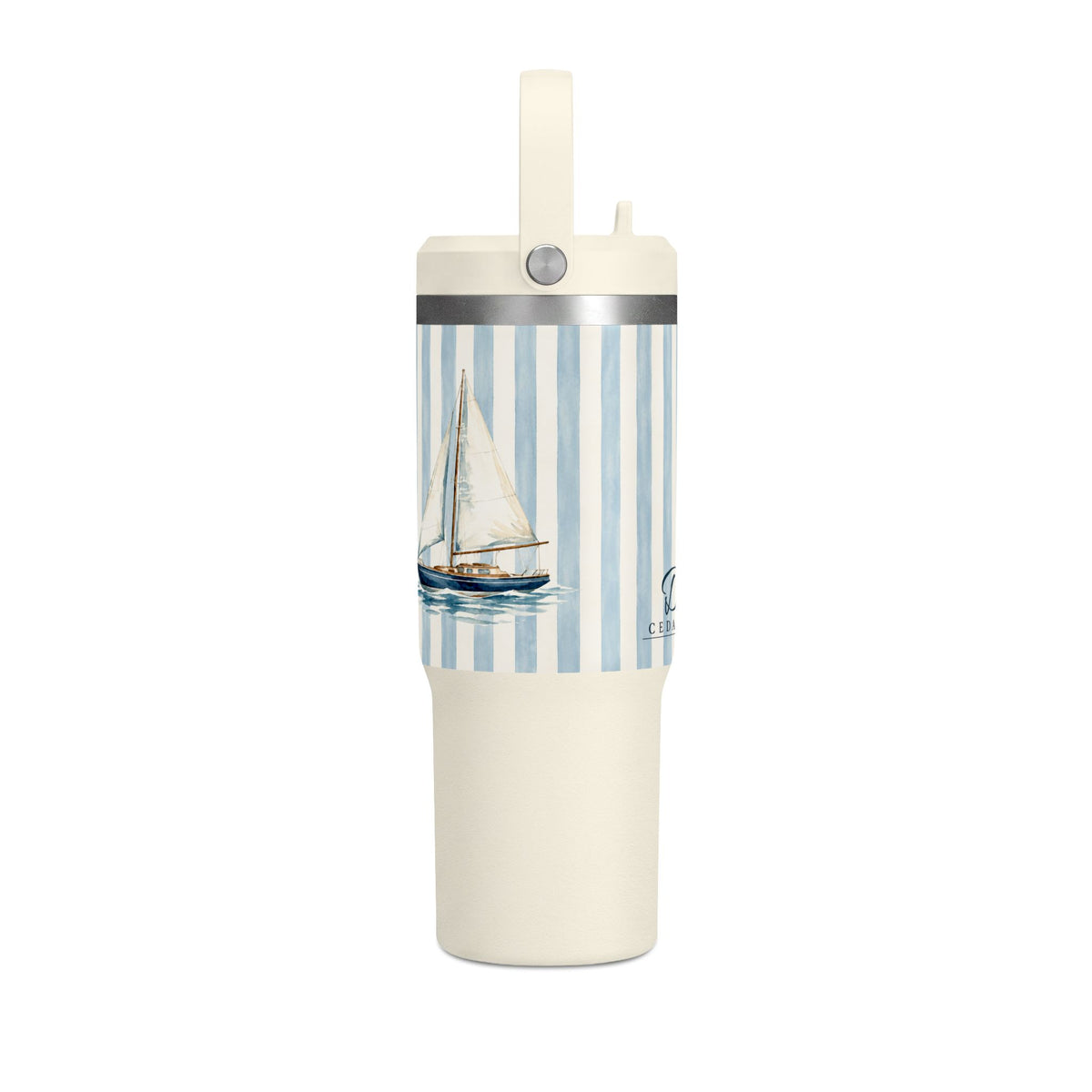 32oz Nautical Nomad Tumbler — Personalized Striped Travel Cup with Palm & Sailboat Design