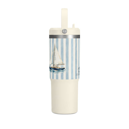 32oz Nautical Nomad Tumbler — Personalized Striped Travel Cup with Palm & Sailboat Design