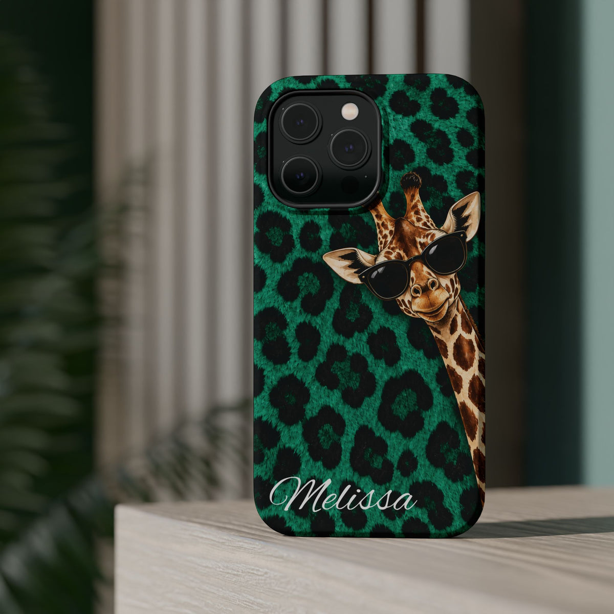 Personalized Giraffe Phone Case — Green Leopard Print Magnetic Impact-Resistant