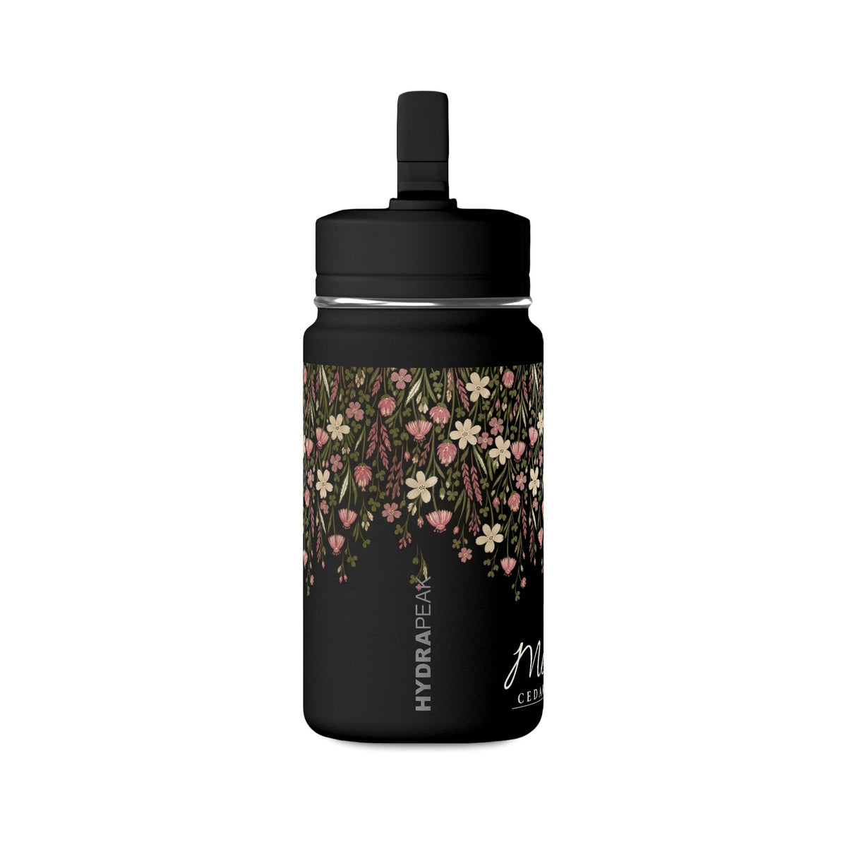 14oz Mini Water Bottle — Pink Floral Straw Bottle (Hydro Peak)