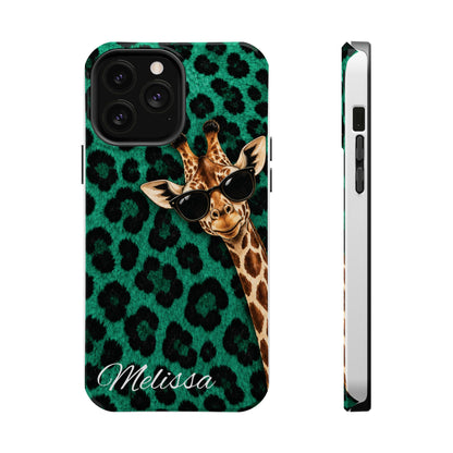 Personalized Giraffe Phone Case — Green Leopard Print Magnetic Impact-Resistant