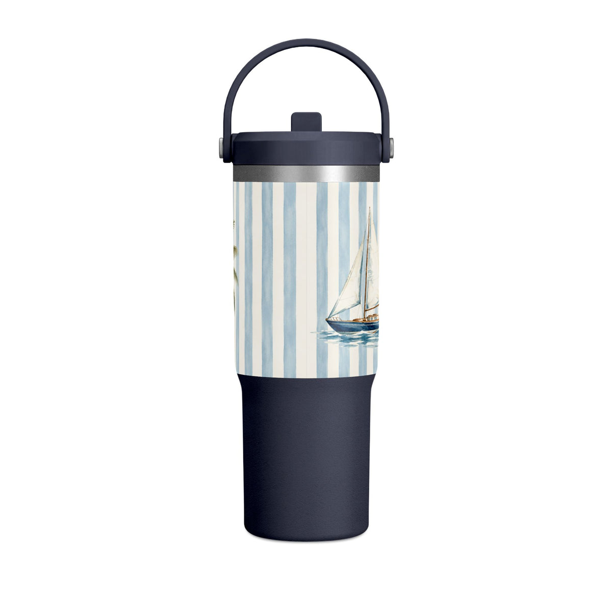 32oz Nautical Nomad Tumbler — Personalized Striped Travel Cup with Palm & Sailboat Design