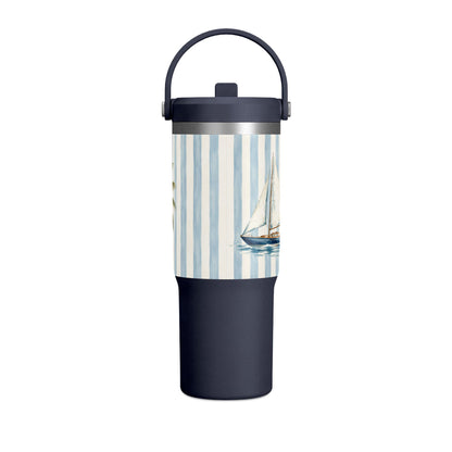 32oz Nautical Nomad Tumbler — Personalized Striped Travel Cup with Palm & Sailboat Design