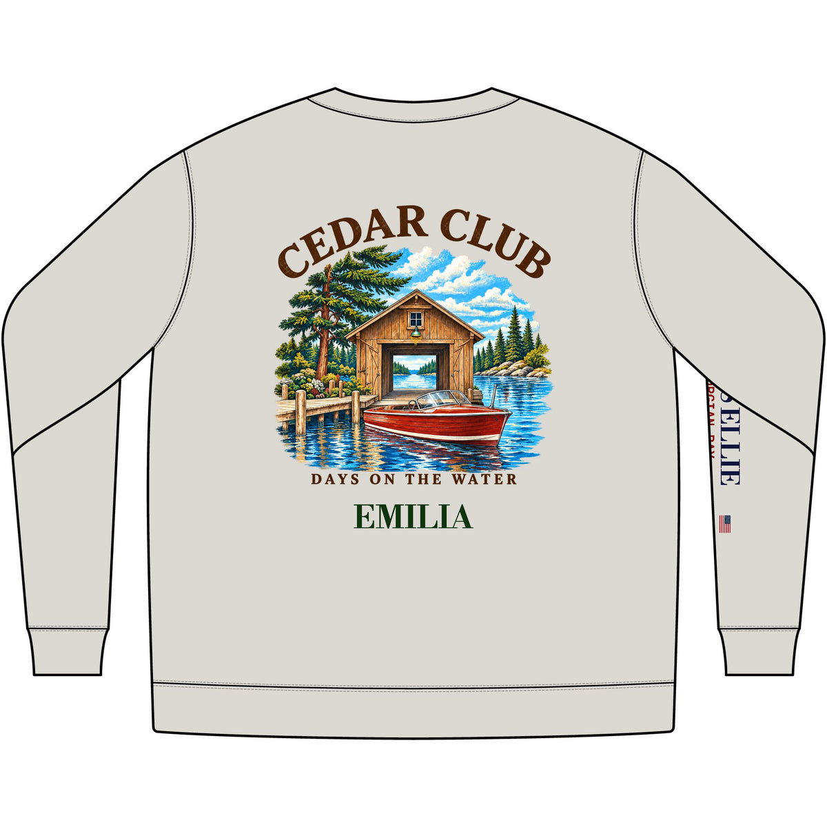 Cedar Club Crewneck Sweatshirt — Vintage Lakeboat Cabin Graphic