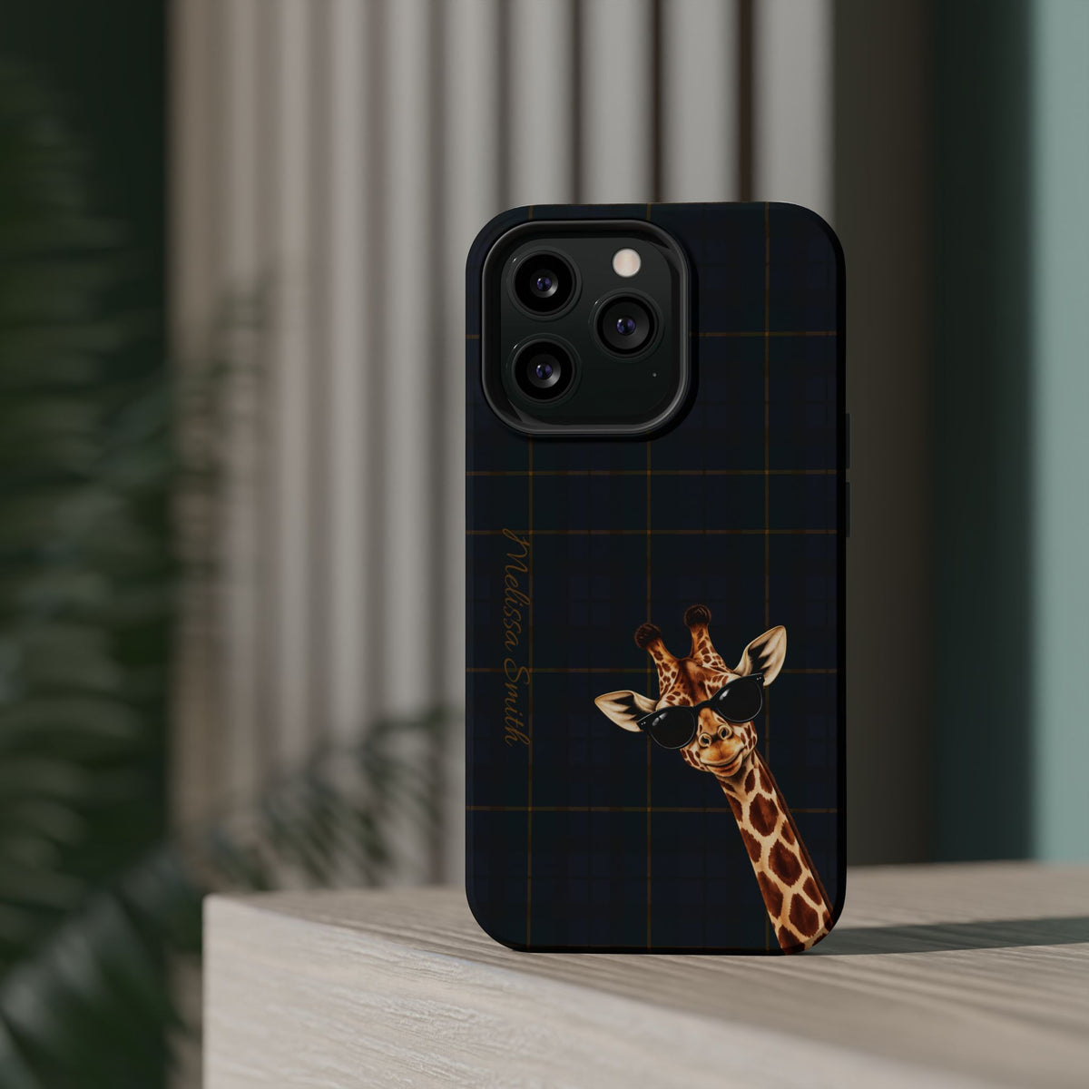 Personalized Giraffe Phone Case —Tartan Print Magnetic Impact-Resistant