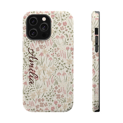 Personalized Floral Phone Case — Magnetic Impact-Resistant with Script Name