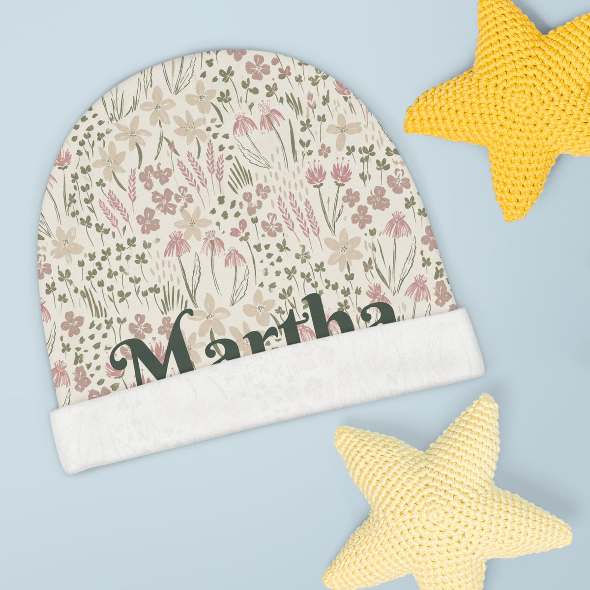 Floral Meadow Baby Beanie – Soft Pink & Sage Newborn Hat