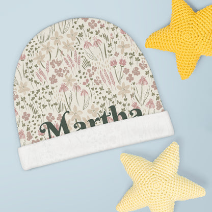 Floral Meadow Baby Beanie – Soft Pink & Sage Newborn Hat