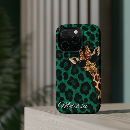 Personalized Giraffe Phone Case — Green Leopard Print Magnetic Impact-Resistant