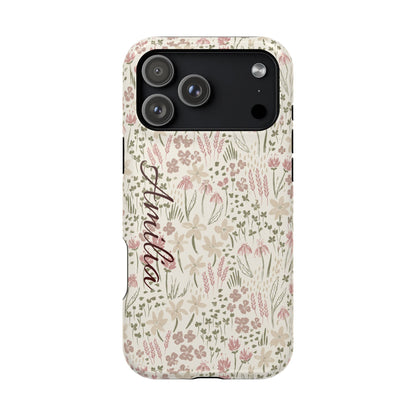 Personalized Floral Phone Case — Magnetic Impact-Resistant with Script Name