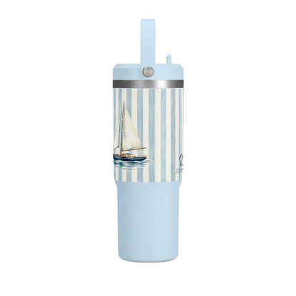 32oz Nautical Nomad Tumbler — Personalized Striped Travel Cup with Palm & Sailboat Design