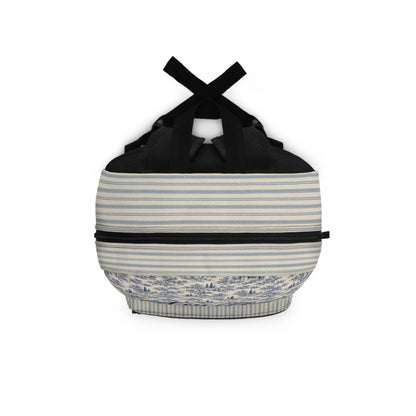 Vintage Toile & Stripe Backpack — Personalized Name Script