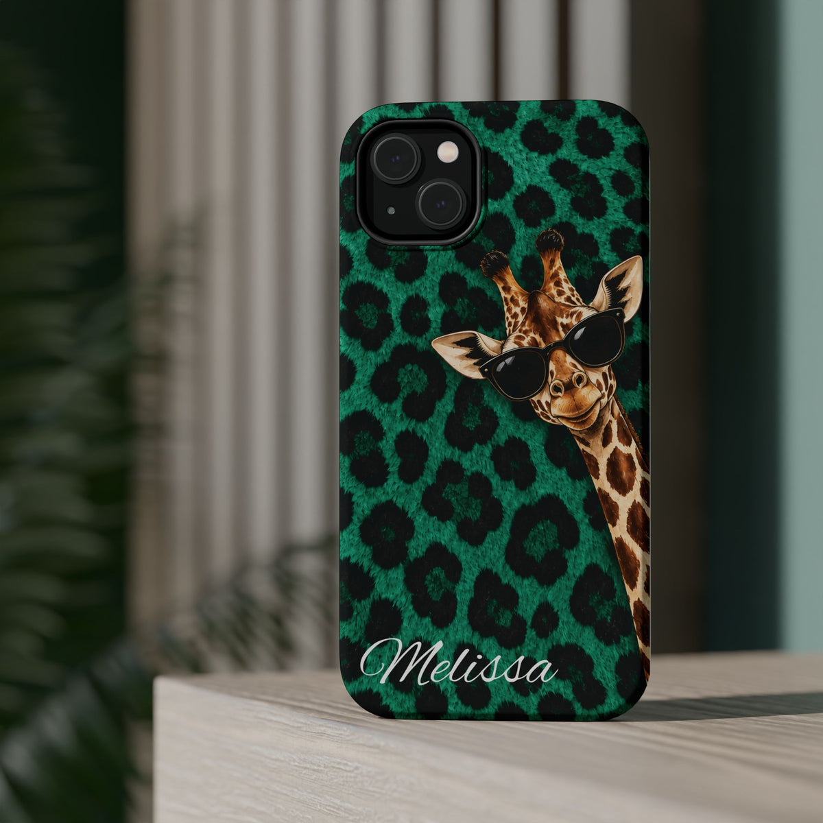 Personalized Giraffe Phone Case — Green Leopard Print Magnetic Impact-Resistant