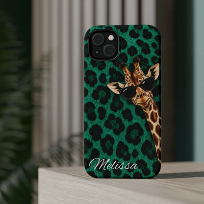 Personalized Giraffe Phone Case — Green Leopard Print Magnetic Impact-Resistant